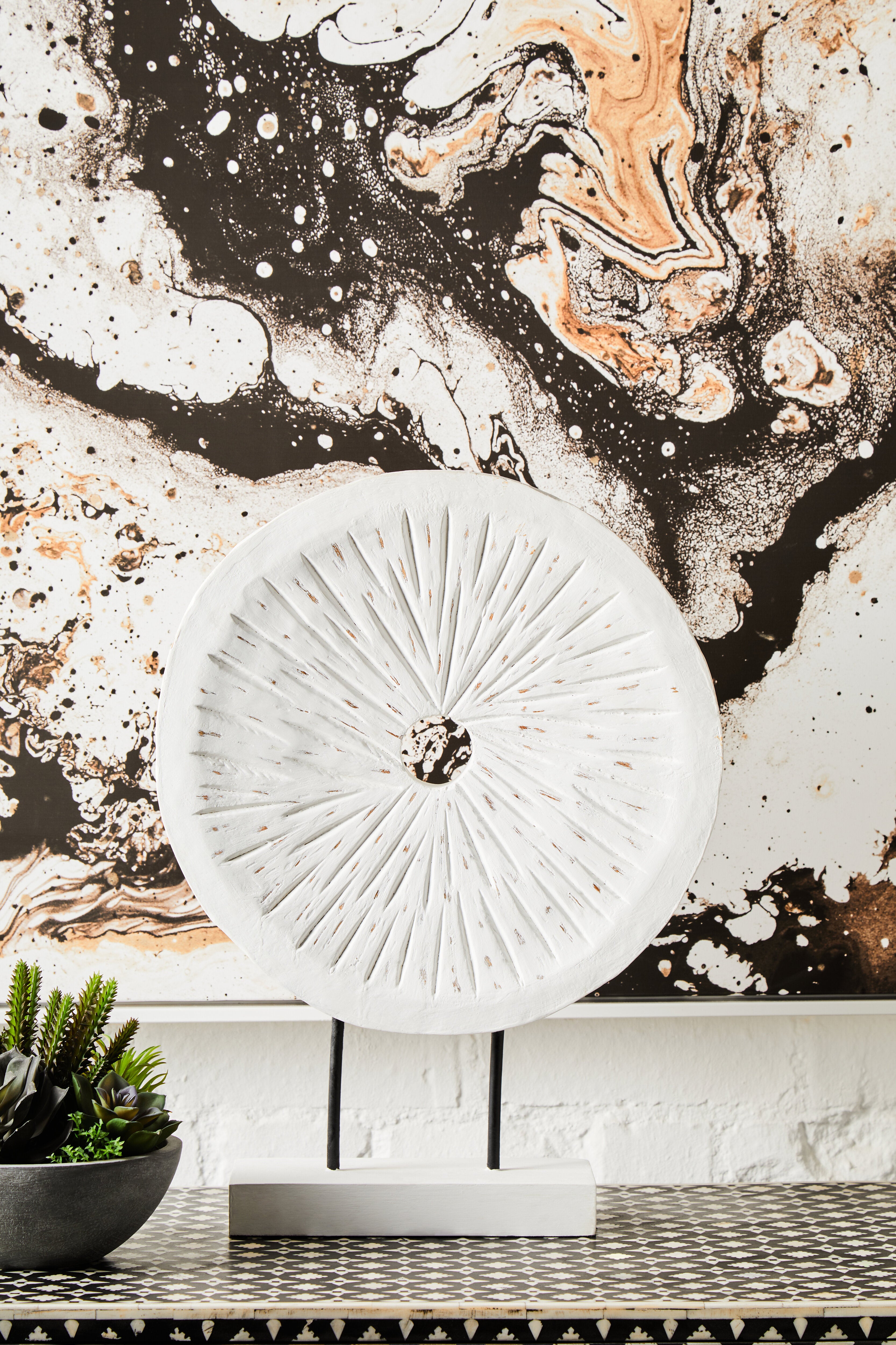 Osprey Distressed White Carved Wood Round Sculpture | Large